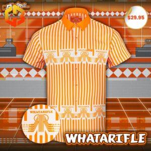 A bold Hawaiian shirt featuring the Whataburger logo and a unique "whatarifle" design for 2025, paired with tropical elements.