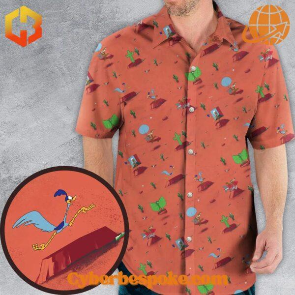 Colorful Hawaiian shirt featuring Wile E. Coyote and the Road Runner from Looney Tunes with tropical motifs.