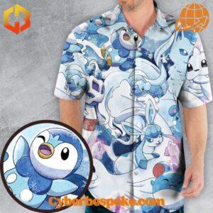 Winter-themed Hawaiian shirt with a cute Pokémon pattern featuring snowflakes and festive designs