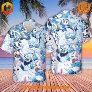 Hawaiian shirt with Pokémon characters in winter attire, surrounded by snowflakes and winter elements.