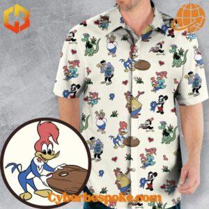 Hawaiian shirt with Woody Woodpecker cartoon character and vibrant floral designs