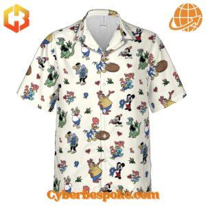 Vintage-inspired Walter Lantz Woody Woodpecker Hawaiian shirt with playful illustrations.