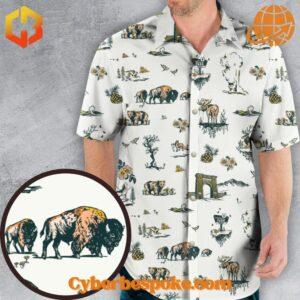 Man modeling the Yellowstone National Park Pattern Hawaiian Shirt with detailed wildlife design.