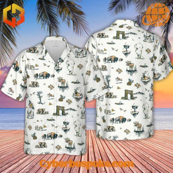 Front and back view of the Yellowstone National Park Pattern Hawaiian Shirt against a beach sunset.