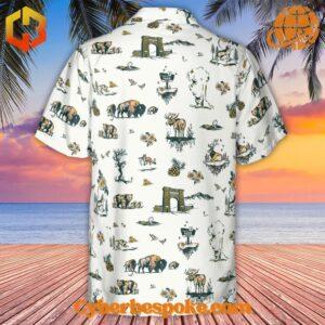 Close-up view of the back design of the Yellowstone National Park Hawaiian Shirt, featuring wildlife illustrations.