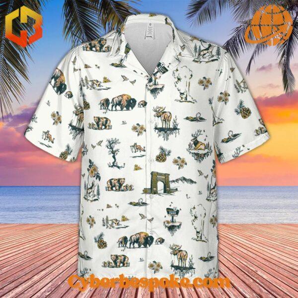 Yellowstone National Park Pattern Hawaiian Shirt displayed on a beach.