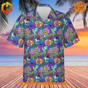 Back view of purple Goosebumps Hawaiian shirt with character print