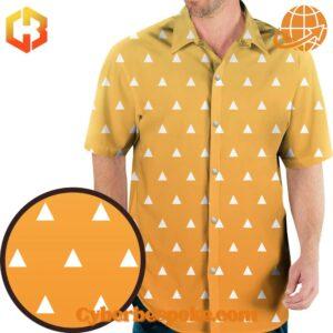 Model wearing Zenitsu-inspired yellow Hawaiian shirt with geometric print.