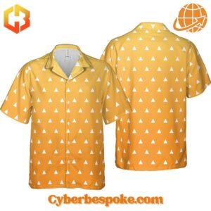 Yellow Hawaiian shirt with white triangle pattern inspired by Zenitsu Agatsuma from Demon Slayer.