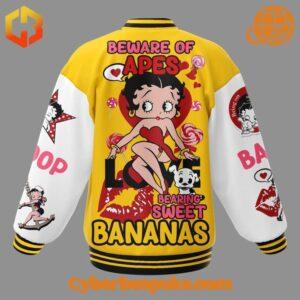 Premium Betty Boop Beware Of Apes Bearing Sweet Bananas Baseball Jacket featuring high-definition 3D prints and all-day comfort.