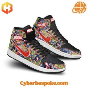 Captain America: Brave New World Air Jordan 1 sneakers featuring a red, white, and blue color scheme with superhero emblem.