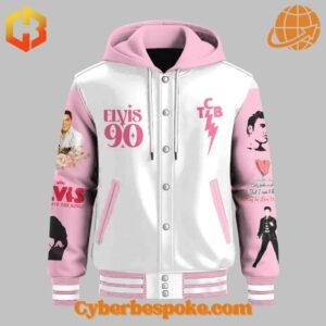 Premium Elvis Presley Th Anniversary Hooded Baseball Jacket featuring high-definition 3D prints and all-day comfort.