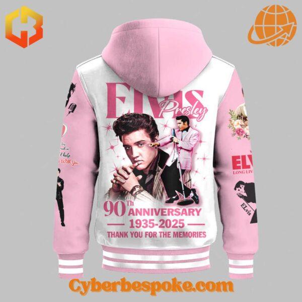 Premium Elvis Presley Th Anniversary Hooded Baseball Jacket featuring high-definition 3D prints and all-day comfort.