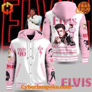 Premium Elvis Presley Th Anniversary Hooded Baseball Jacket featuring high-definition 3D prints and all-day comfort.