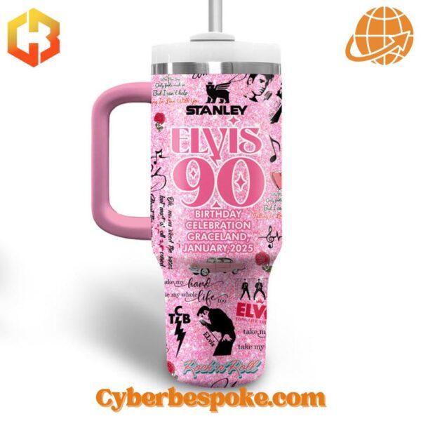 Close-up of pink Elvis Presley 90th Birthday Celebration Tumbler 40oz with ergonomic handle.