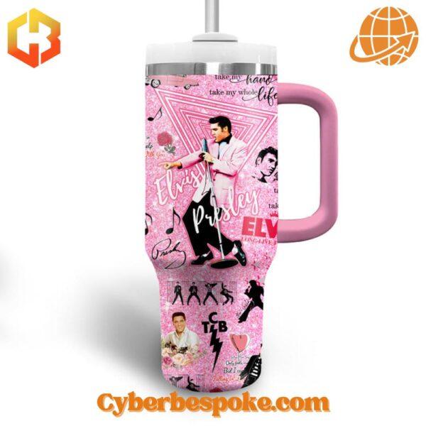 Side view of pink Elvis Presley 90th Birthday Celebration Tumbler 40oz with vibrant Elvis imagery.