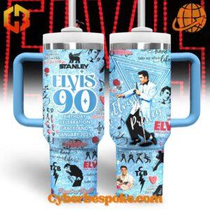 Elvis Presley 90th Birthday Celebration Tumbler 40oz in blue with Elvis-themed design.