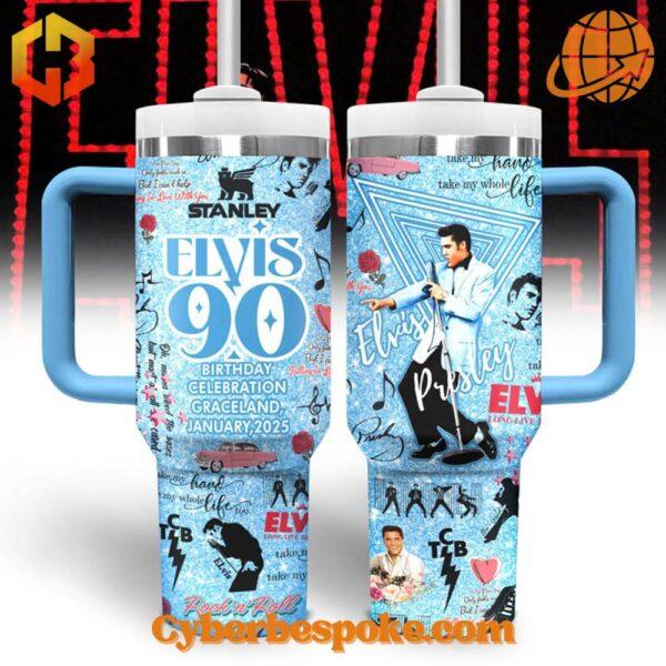 Elvis Presley 90th Birthday Celebration Tumbler 40oz in blue with Elvis-themed design.