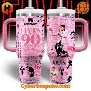 Elvis Presley 90th Birthday Celebration Tumbler 40oz in pink with Elvis-themed design.