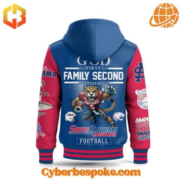 Versatile God First Family Second Then South Alabama Jaguars Hooded Varsity Jacket designed for everyday wear and effortless style.