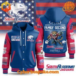 Versatile God First Family Second Then South Alabama Jaguars Hooded Varsity Jacket designed for everyday wear and effortless style.