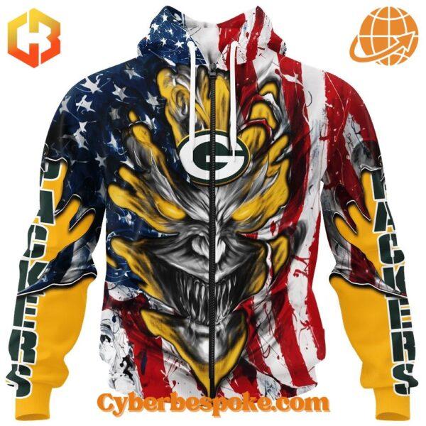 Unisex Green Bay Packers Demon Face American Flag Hoodie simple design, easy to style