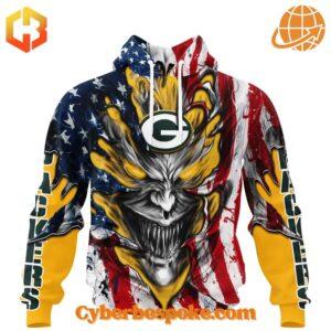 Unisex Green Bay Packers Demon Face American Flag Hoodie simple design, easy to style