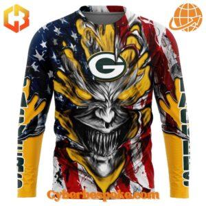 Unisex Green Bay Packers Demon Face American Flag Hoodie simple design, easy to style