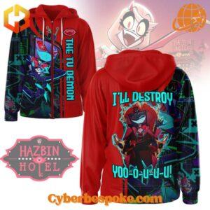 Break the boundaries of traditional fashion with the Hazbin Hotel Charlie Morningstar I'll Destroy You Hoodie.