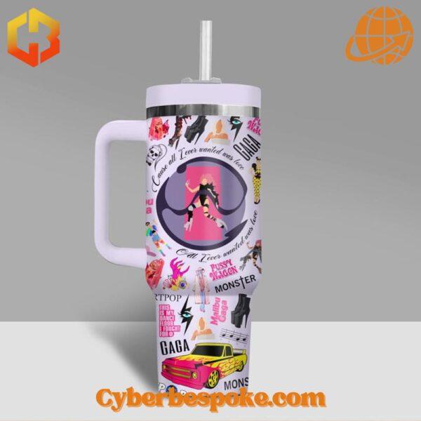 Close-up view of Lady Gaga Chromatica Tumbler 40oz highlighting the detailed artwork and design elements.