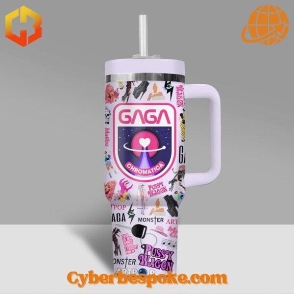 Lady Gaga Chromatica Tumbler 40oz featuring the Chromatica logo and various artistic elements from Gaga's albums.