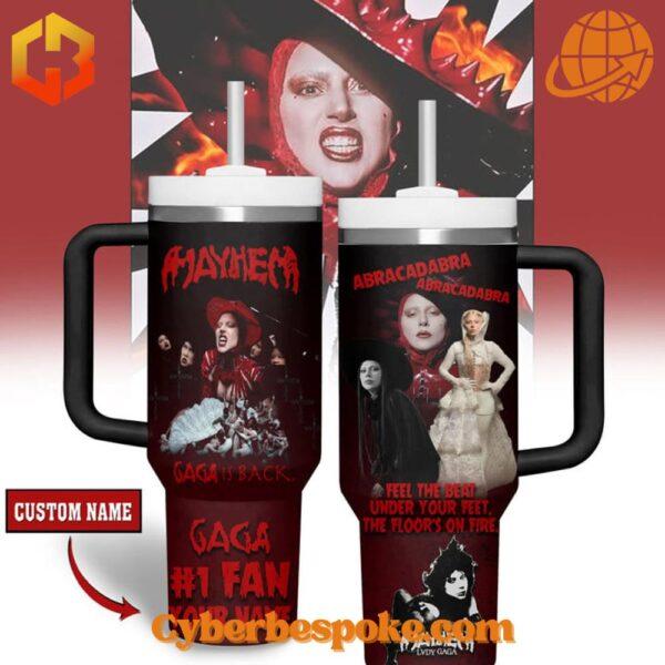 Close-up of Mayhem Lady Gaga Is Back Tumbler 40oz with vibrant Lady Gaga print.