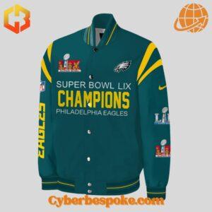 Experience fashion in a new dimension with the Philadelphia Eagles Super Bowl Lix Champions Baseball Jacket – wear the unexpected.