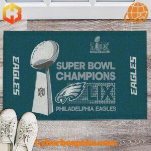 Philadelphia Eagles Super Bowl LIX Champions Doormat displayed on wooden floor with white sneakers visible.