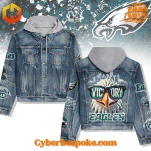 Wear the extraordinary with the Philadelphia Eagles Super Bowl Victory Hooded Denim Jacket – hyper-detailed 3D prints that last.