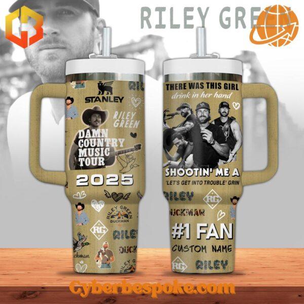 Riley Green Damn Country Music Tour 2025 Tumbler 40oz with dual-sided design featuring tour graphics and song lyrics.