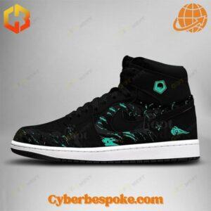 Rin Itoshi Blue Lock Air Jordan 1 High sneakers with black leather upper, teal graphics, Jumpman logo, and Blue Lock emblem.