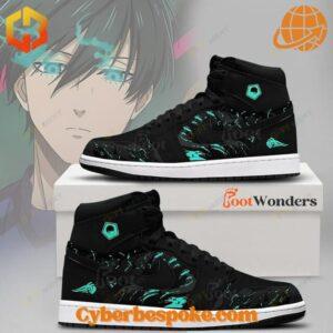 Rin Itoshi Blue Lock Air Jordan 1 High sneakers with black leather upper, teal graphics, Jumpman logo, and Blue Lock emblem.