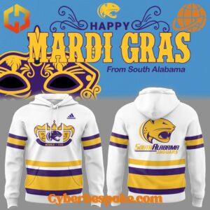 The 1 South Alabama Jaguars Mardi Gras 2025 Hoodie combines a modern fit, premium texture, and breathable comfort