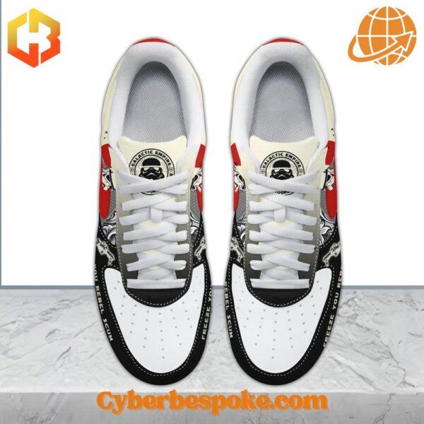 A pair of Star Wars Stormtrooper Freeze You Rebel Scum Nike Air Force with a minimalist design
