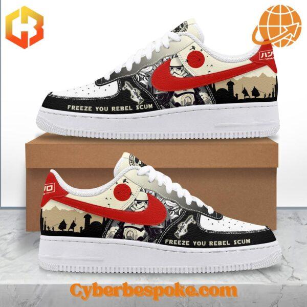 A pair of Star Wars Stormtrooper Freeze You Rebel Scum Nike Air Force with a minimalist design