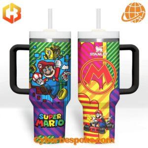 Colorful Stanley tumblers with Super Mario character designs and logos