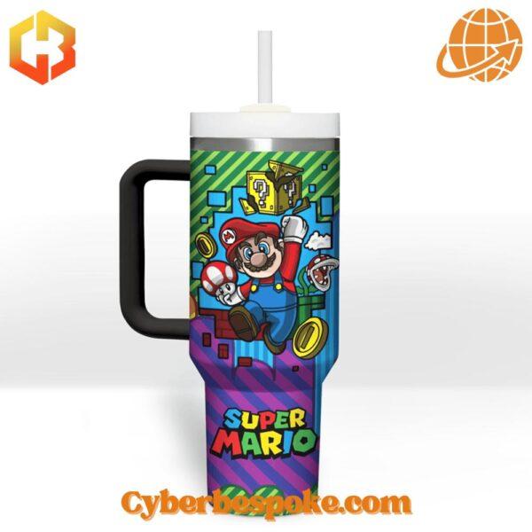 Colorful Stanley tumblers with Super Mario character designs and logos