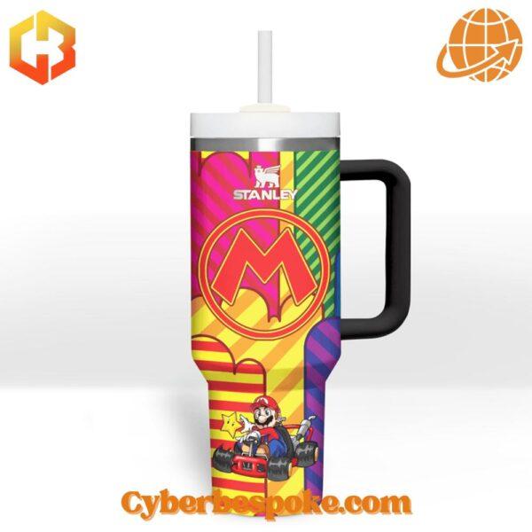 Colorful Stanley tumblers with Super Mario character designs and logos