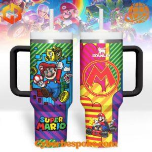 Colorful Stanley tumblers with Super Mario character designs and logos