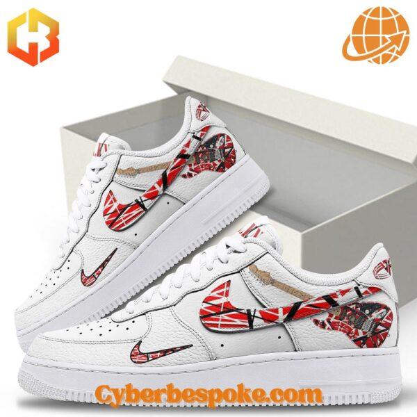 A pair of Van Halen White Nike Air Force with a minimalist design