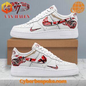 A pair of Van Halen White Nike Air Force with a minimalist design