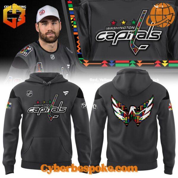 A soft cotton Washington Capitals Black History Night Hoodie eaturing a minimalist design.