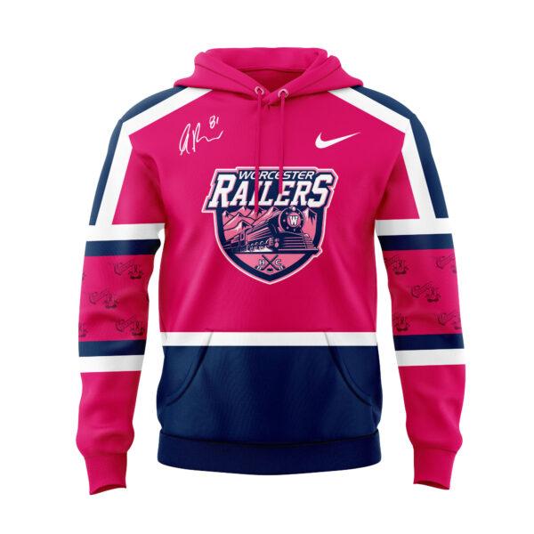 A soft cotton Worcester Railers Pink In The Rink Autographed Anthony Repaci Bobblehead Hoodie ( ) eaturing a minimalist design.