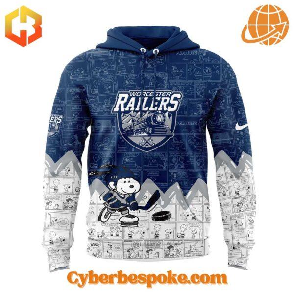 Worcester Railers Snoopy Th Anniversary Of Peanuts Hoodie features breathable fabric and all-over dye-sublimation prints.